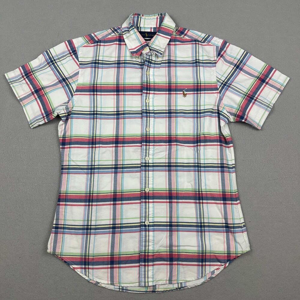 Ralph Lauren Shirt Men Medium Blue Plaid Slim Fit Short Sleeve Button Up Pony M